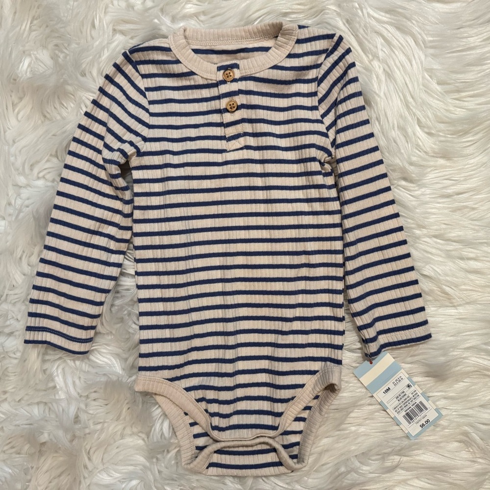 Cat & Jack Baby Boy Striped Henley Bodysuit Blue Tan 18M Long‎ Sleeve NWT